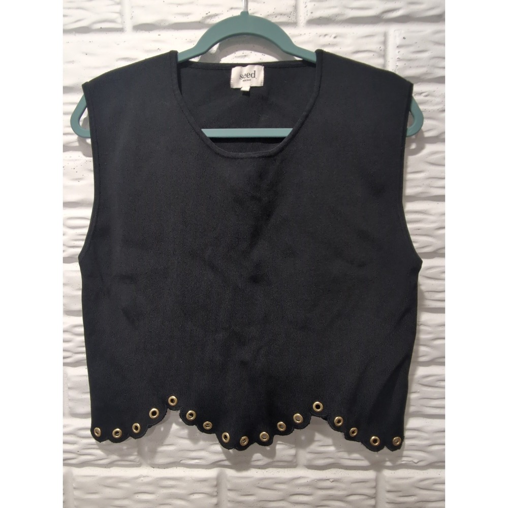 Seed Heritage Black Sleeveless Crop Top Large Scalloped Studded Hem Knit Tank